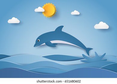 Jumping dolphin in sea waves , paper art style