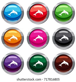 Jumping dolphin set icon isolated on white. 9 icon collection vector illustration