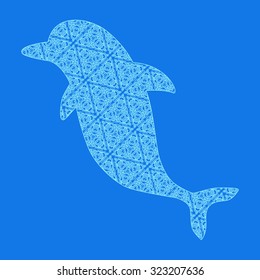 Jumping dolphin silhouette filled with delicate lace pattern. Vector illustration symbol for logos, brochures, flyers, coupons