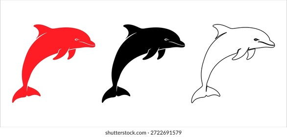 Saltando silhueta de golfinho definido em preto vermelho e estilos de contorno