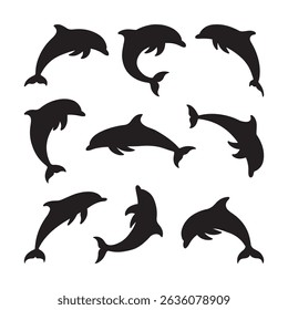 Jumping Dolphin Silhouette Vector Set on White Background