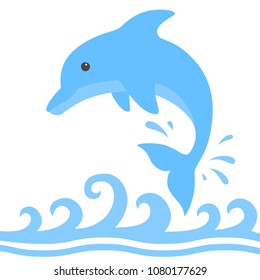Jumping dolphin and a splash of water. Cute blue dolphin with sea wave in cartoon style. Vector illustration for swimming pool brochure or banner. Isolated on white background.