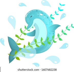 Jumping Dolphin Splashing Water Around Vector Illustration Clipart. Cute sea creature dolphin jump from the ocean graphic cartoon, watercolor style vector design.