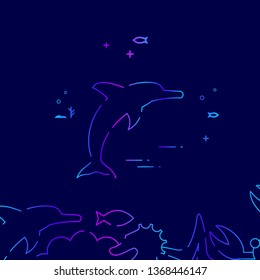 Jumping Dolphin Vector Line Illustration. Marine Life, Underwater World, Sea Creature Gradient Icon, Symbol or Pictogram, Sign. Dark Blue Background. Related Bottom Border.