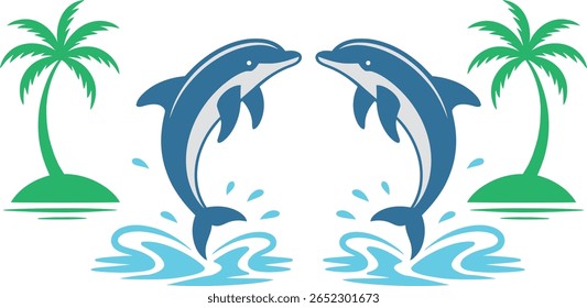 Saltando golfinhos com palmeiras Ilustração de vetor de verão tropical