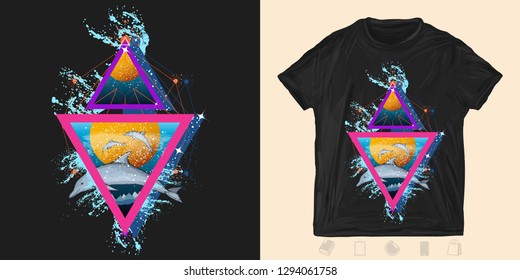 Jumping dolphins in sea. Print for t-shirts and another, trendy apparel design. Neon  geometric 80s style 