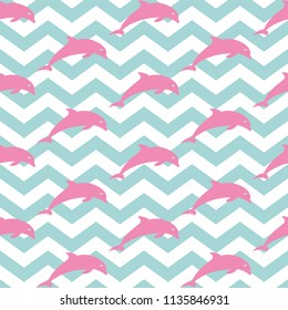 Jumping dolphins. Seamless nautical pattern with silhouettes of dolphins. Zig zag background