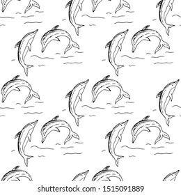 Jumping dolphins. Seamless pattern. Vector illustration.