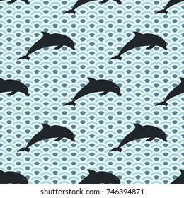 Jumping dolphins, Seamless vector illustration, wave background
