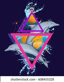 Jumping dolphins surreal color t-shirt design, geometric art,  80s style. Three dolphins jumping over the waves 