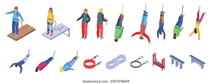 Jumping down bungee cord icons set. People are jumping from a bridge with bungee jumping equipment and an instructor is holding a rope