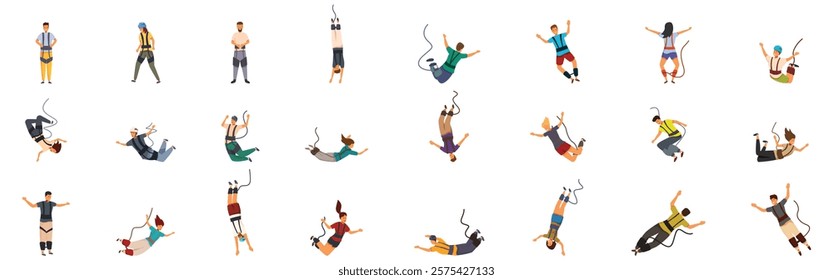 Jumping down bungee cord icons set. People jumping from high places with bungee ropes attached to their bodies, enjoying extreme sports and recreation activities