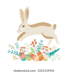 Jumping easter bunny with eggs and plant decor. Happy easter design element Trendy design for typography, card, flyers. Hand painted plants, eggs and rabbit in pastel colors. Vector flat illustration