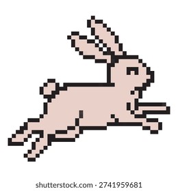 Jumping Easter bunny pixel art icon. 8-bit style retro rabbit in mid-leap, spring holiday character. Minimalist game asset, festive animal symbol isolated on white background.