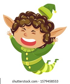 Jumping elf, Christmas cartoon character in hat, happy Santa helper isolated icon. Xmas holiday symbol, dwarf in green costume with curly hair. Lapland or North Pole elf having fun vector illustration