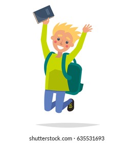 Jumping fair-haired youngster with blush on cheeks isolated on white. Dynamic boy holding blue classbook in one hand. Turquoise backpack on male shoulders. Vector illustration flat and shadow theme