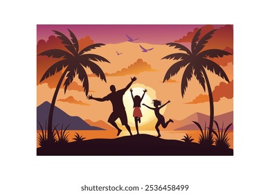  Jumping family on vacation. Silhouettes of people and palm trees, dawn. Vector art illustration.