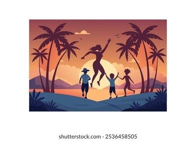  Jumping family on vacation. Silhouettes of people and palm trees, dawn. Vector art illustration.