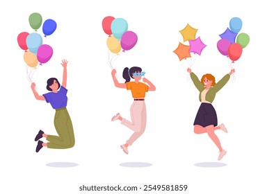 Jumping female characters. Cheerful girls with helium balloons in hands, women floating with colorful balloons flat vector illustration set. Happy girls with balloons