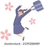 Jumping female students and cherry blossoms