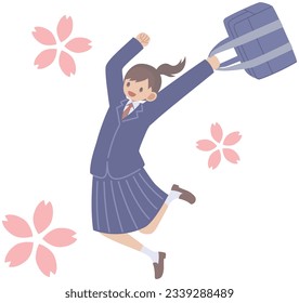 Springende weibliche Studenten und Kirschblüten