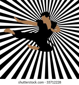 jumping fighter on striped background, vector illustration