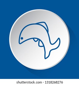 jumping fish, dolphin - simple blue icon on white button with shadow in front of blue square background