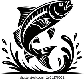 Jumping Fish Logo Design Black and White Vector Illustration