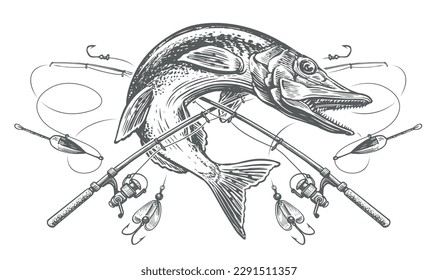 Jumping Fisch-Pike und kreuzte Angelruten mit Anzug und Haken. Skizze des Fischereiemblems. Gravur, Vektorgrafik