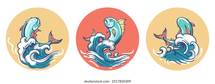 Jumping fish retro label set. Fishes on waves circle emblems isolated vector illustration
