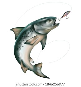 Jumping fish taking bait realistic composition on white background isolated vector illustration