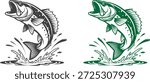 Jumping fish vector illustration in green and black color variations. Powerful freshwater fish leaping from water, dynamic wildlife artwork, bold line art design isolated on white background.