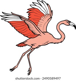 Jumping Flamingo flat vector art illustration features  vibrant flamingo mid-leap in a minimalist style. Clean lines and bold colors highlight its elegant form, adding whimsy and energy to any project