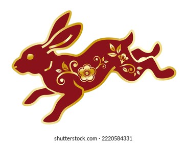 Jumping floral rabbit 01 - 2023 Year of the rabbit clip art, Red fill and Golden outline