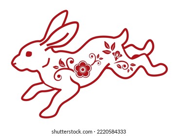 Jumping floral rabbit 01 - 2023 Year of the rabbit clip art, Red outline