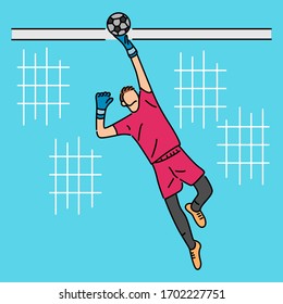 Jumping football goalkeeper catches the ball. Soccer player cartoon vector illustration