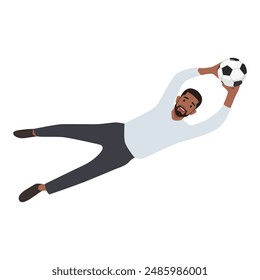 Jumping football or soccer bearded goalkeeper catches the ball. Flat vector illustration isolated on white background