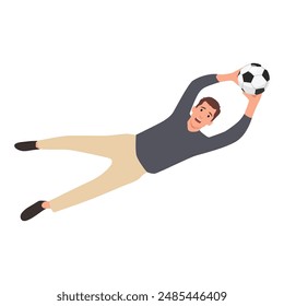 Jumping football or soccer goalkeeper catches the ball. Flat vector illustration isolated on white background