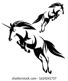 jumping forward mythical unicron and wild mustang horse black and white vector outline set