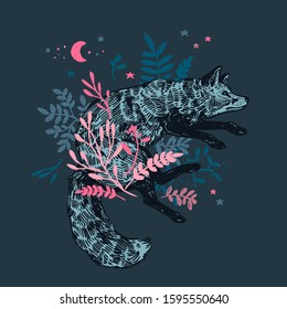 Jumping fox with growing flowers, plants and leaves on blue background with moon. Sketch hand drawn engraved illustration of cute animal. Boho symbol or emblem of forest free spirit and wildlife