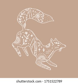 Jumping fox. Ornate animal. Harmony and zen. Crescent moon magic symbols. Forest tattoo. Vector illustration.