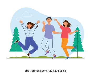 Jumping with friends boy and girl in the spring park with a light breeze, have a great holiday together. Character design. Vector flat illustration