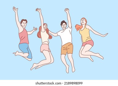 jumping friends business men and women. Hand drawn style vector illustrations.