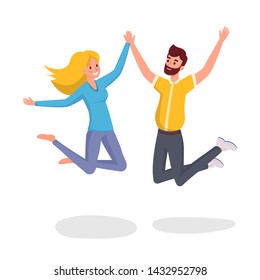 Jumping friends flat vector illustration. Happy and funny husband and wife, students in casual clothes cartoon characters. Fun and friendship, boyfriend and girlfriend on white background