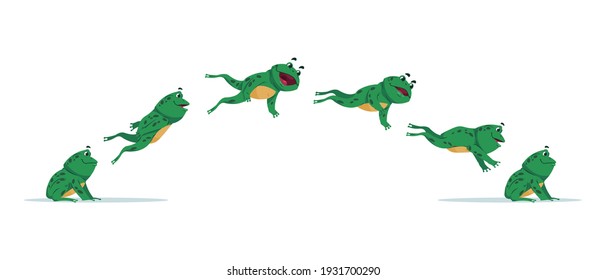 Jumping Frog. Cartoon Animation Sequence With Amphibian Movement. Side View Of Cute Aquatic Animal Jump Process. Isolated Moving Green Toad. Funny Croaking Creature Action. Vector Stages Of Leap Set