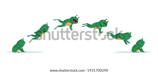 Jumping frog. Cartoon animation sequence with
amphibian movement. Side view of cute aquatic animal jump process.
Isolated moving green toad. Funny croaking creature action. Vector
stages of leap set