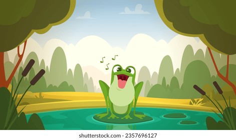 Jumping frog. Cartoon background with cute animals frogs exact vector pictures