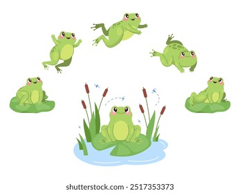 Springfrosch. Cartoon Frösche Sprung Bewegung Animation, Kröte Sprung Action Sequenz Zyklus Hop Bewegung aquatisch grün wenig Amphibien Fliege Pose 2D animierte Satz Swanky Vektorgrafik Original Kunstwerk