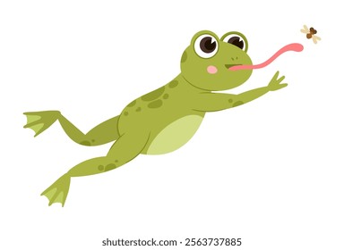 Jumping frog. Cartoon green frog hunting an insect, wildlife water froglet animal flat vector illustration. Cute funny amphibian