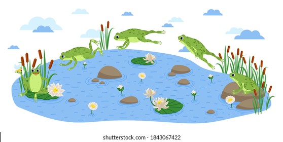 Jumping Frog  Happy frog sit   jump clip art  different pose  Set green frog   water lily